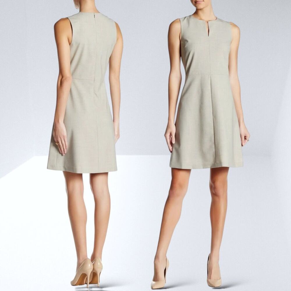 THEORY Wool A-Line Miyani Dress Stretch Split Neck Career Work Minimalist Gray 6